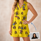 Woman wearing Women's Father’s Day Dynasty Custom Face V-Neck Dress — custom faces printed all-over