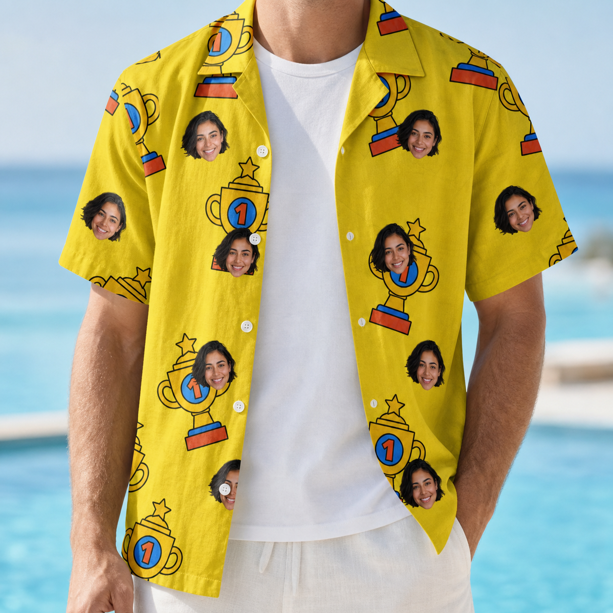 Man wearing Men's Father’s Day Dynasty Custom Face Hawaiian Shirt open over a white tee
