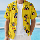 Man wearing Men's Father’s Day Dynasty Custom Face Hawaiian Shirt open over a white tee