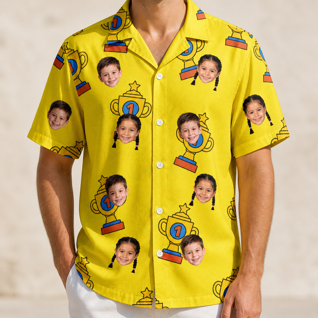 Model wearing Men's Father’s Day Dynasty Custom Face Hawaiian Shirt printed with kids' faces