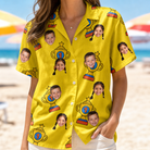 Model wearing Women's Father’s Day Dynasty Custom Face Hawaiian Shirt printed with kids' faces
