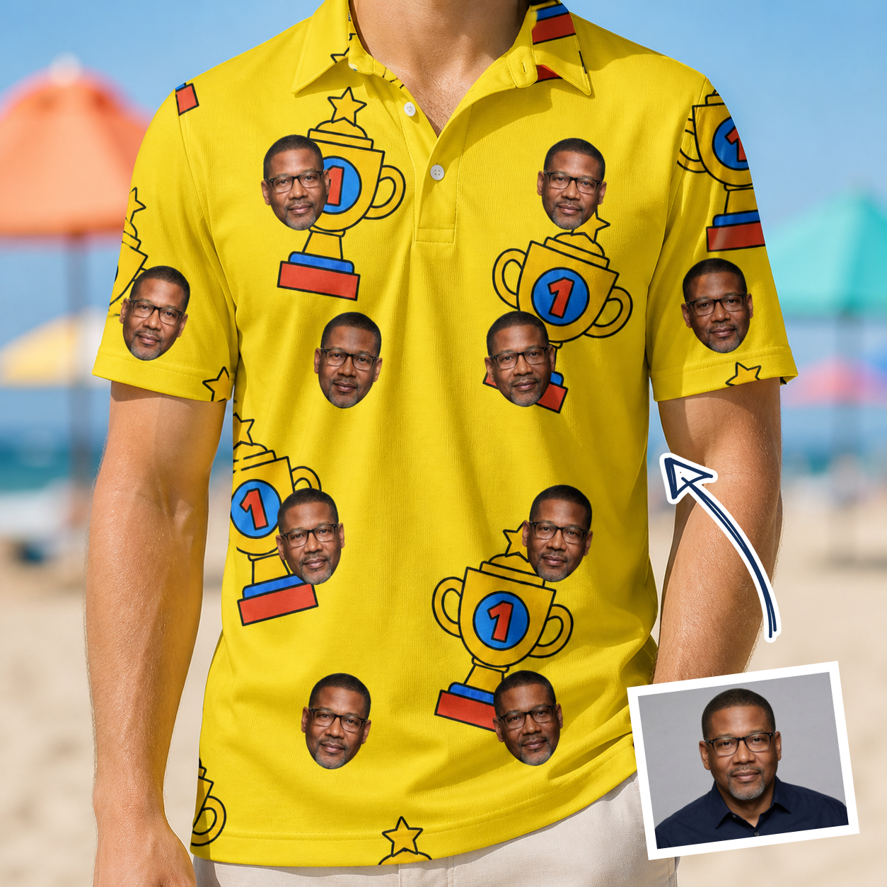 Man wearing Men's Father’s Day Dynasty Custom Face Polo Shirt — custom faces printed all-over