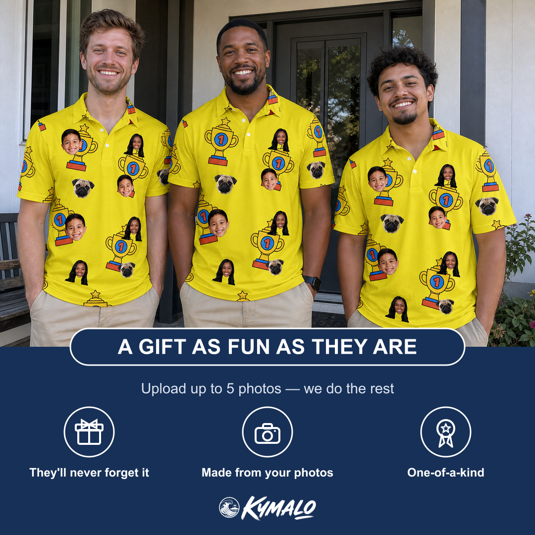 Friends in matching Men's Father’s Day Dynasty Custom Face Polo Shirt — a group gift photo