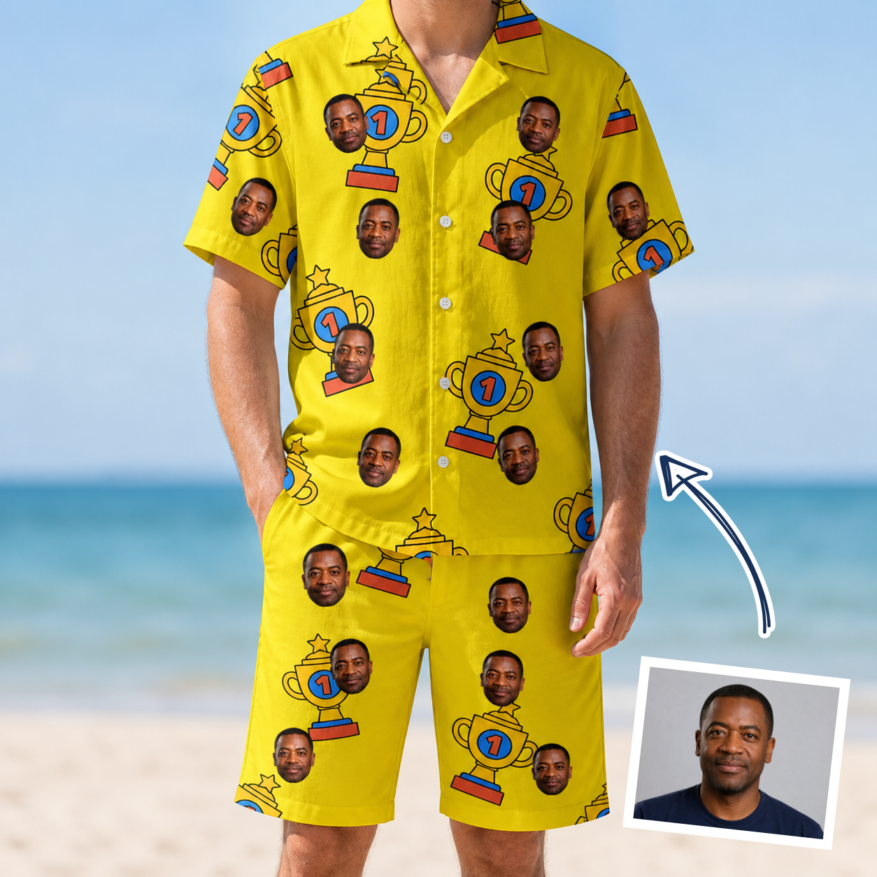Man wearing Men's Father’s Day Dynasty Custom Face Shirt & Shorts Set — custom faces printed all-over