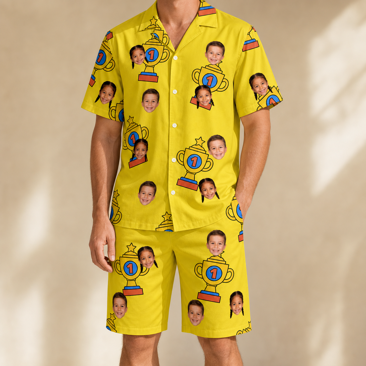 Model wearing Men's Father’s Day Dynasty Custom Face Shirt & Shorts Set printed with kids' faces