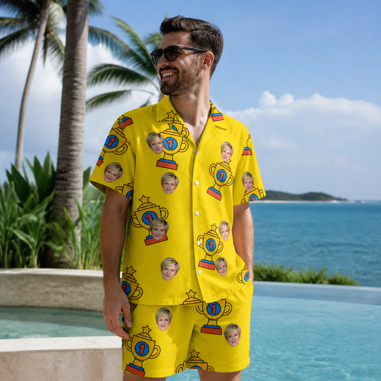 Real-life photo of someone wearing Men's Father’s Day Dynasty Custom Face Shirt & Shorts Set — custom faces printed all-over