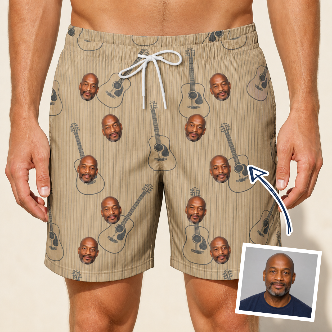 Man wearing Men's Strum Supreme Custom Face Beach Shorts — custom faces printed all-over