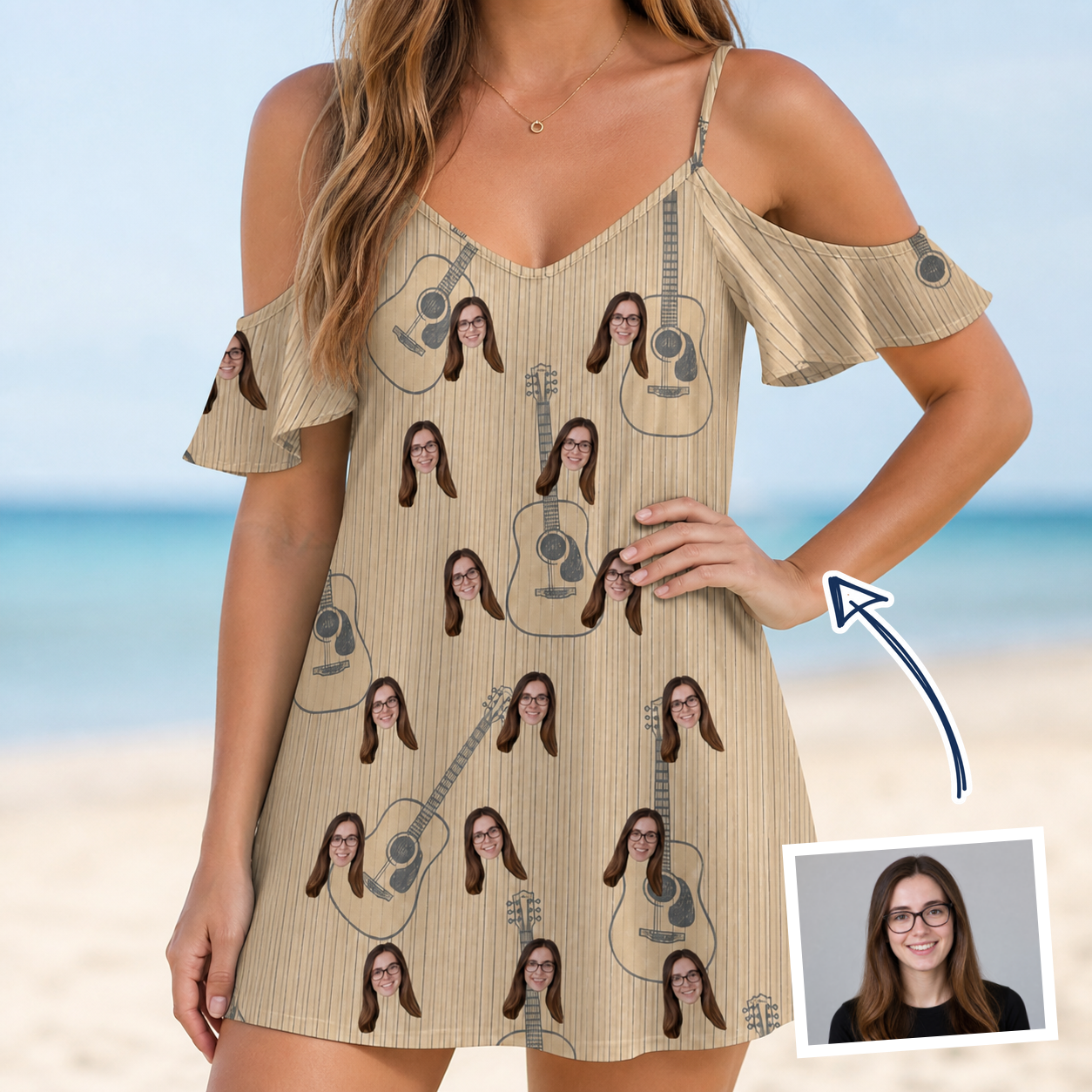 Woman wearing Women's Strum Supreme Custom Face Off-Shoulder Dress — custom faces printed all-over