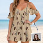 Woman wearing Women's Strum Supreme Custom Face Off-Shoulder Dress — custom faces printed all-over
