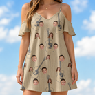 Model wearing Women's Strum Supreme Custom Face Off-Shoulder Dress printed with kids' faces