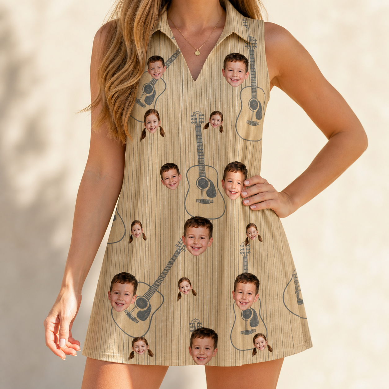 Model wearing Women's Strum Supreme Custom Face V-Neck Dress printed with kids' faces
