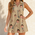 Model wearing Women's Strum Supreme Custom Face V-Neck Dress printed with kids' faces