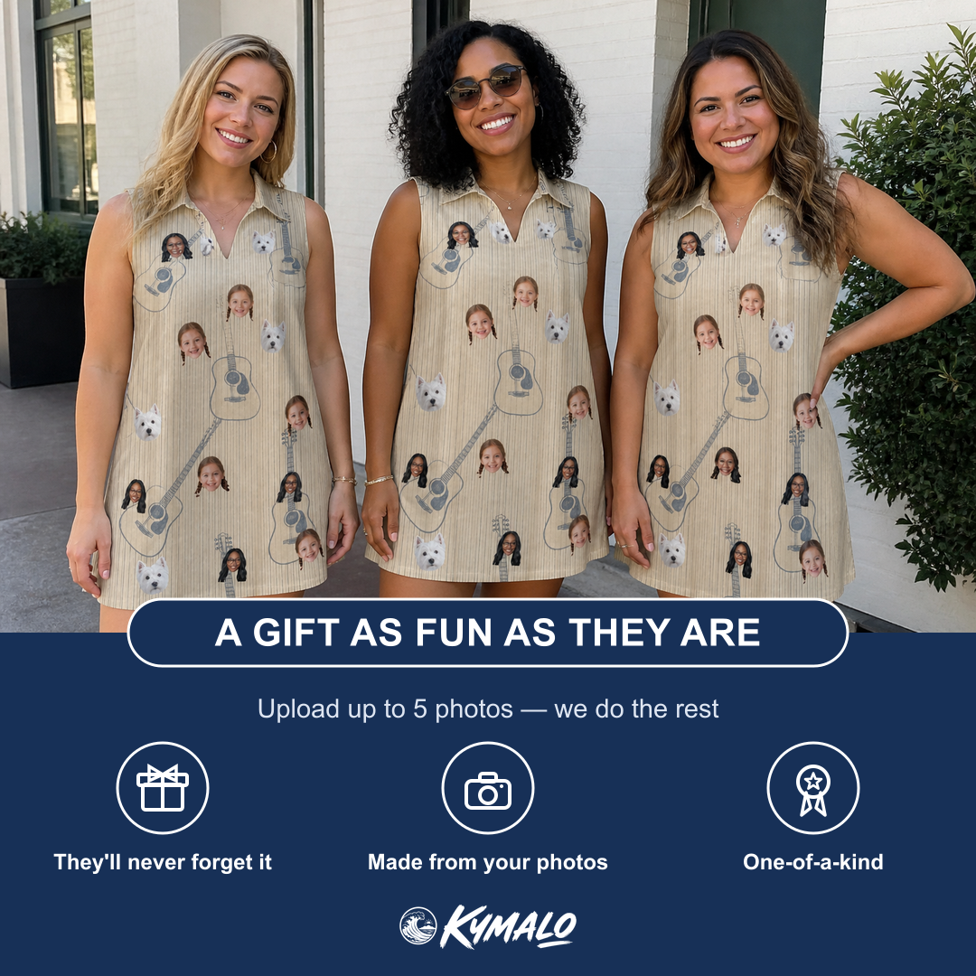 Friends in matching Women's Strum Supreme Custom Face V-Neck Dress — a group gift photo