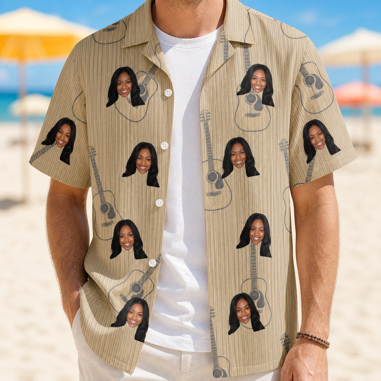 Man wearing Men's Strum Supreme Custom Face Hawaiian Shirt open over a white tee