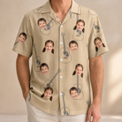 Model wearing Men's Strum Supreme Custom Face Hawaiian Shirt printed with kids' faces