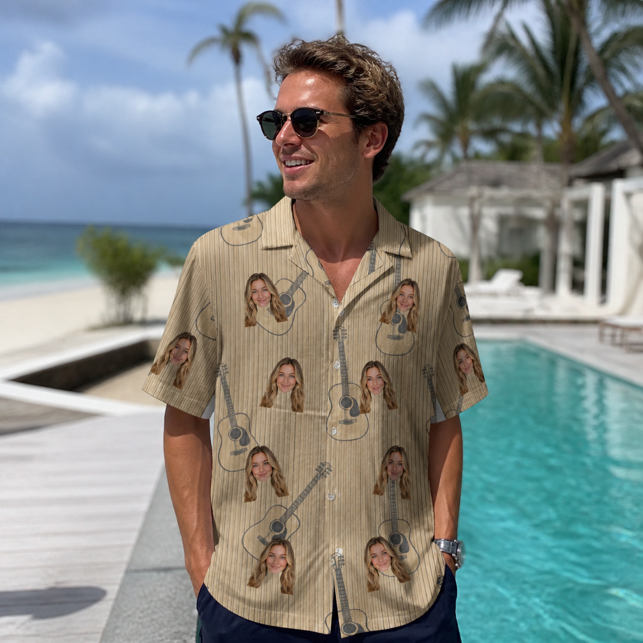 Real-life photo of someone wearing Men's Strum Supreme Custom Face Hawaiian Shirt — custom faces printed all-over