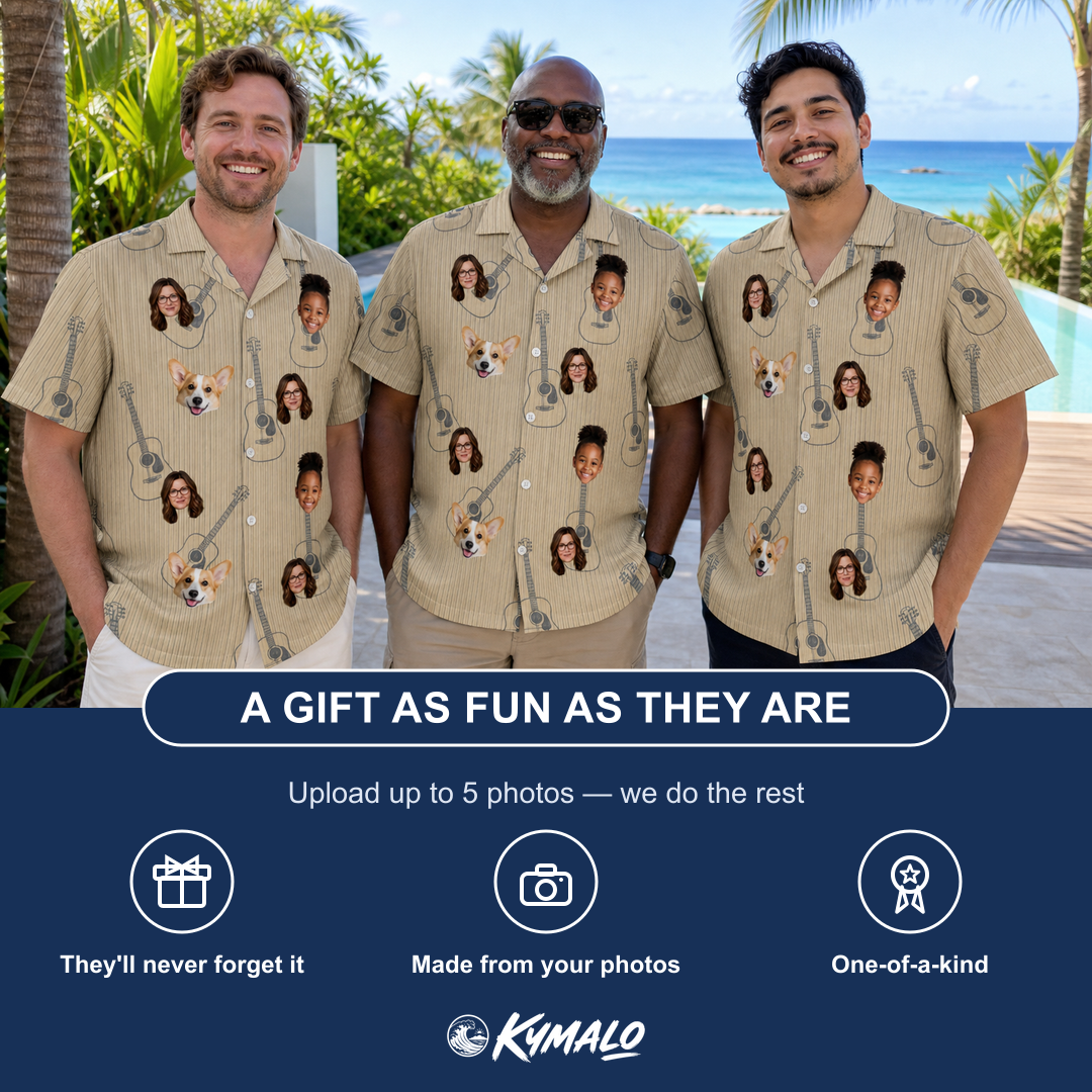 Friends in matching Men's Strum Supreme Custom Face Hawaiian Shirt — a group gift photo