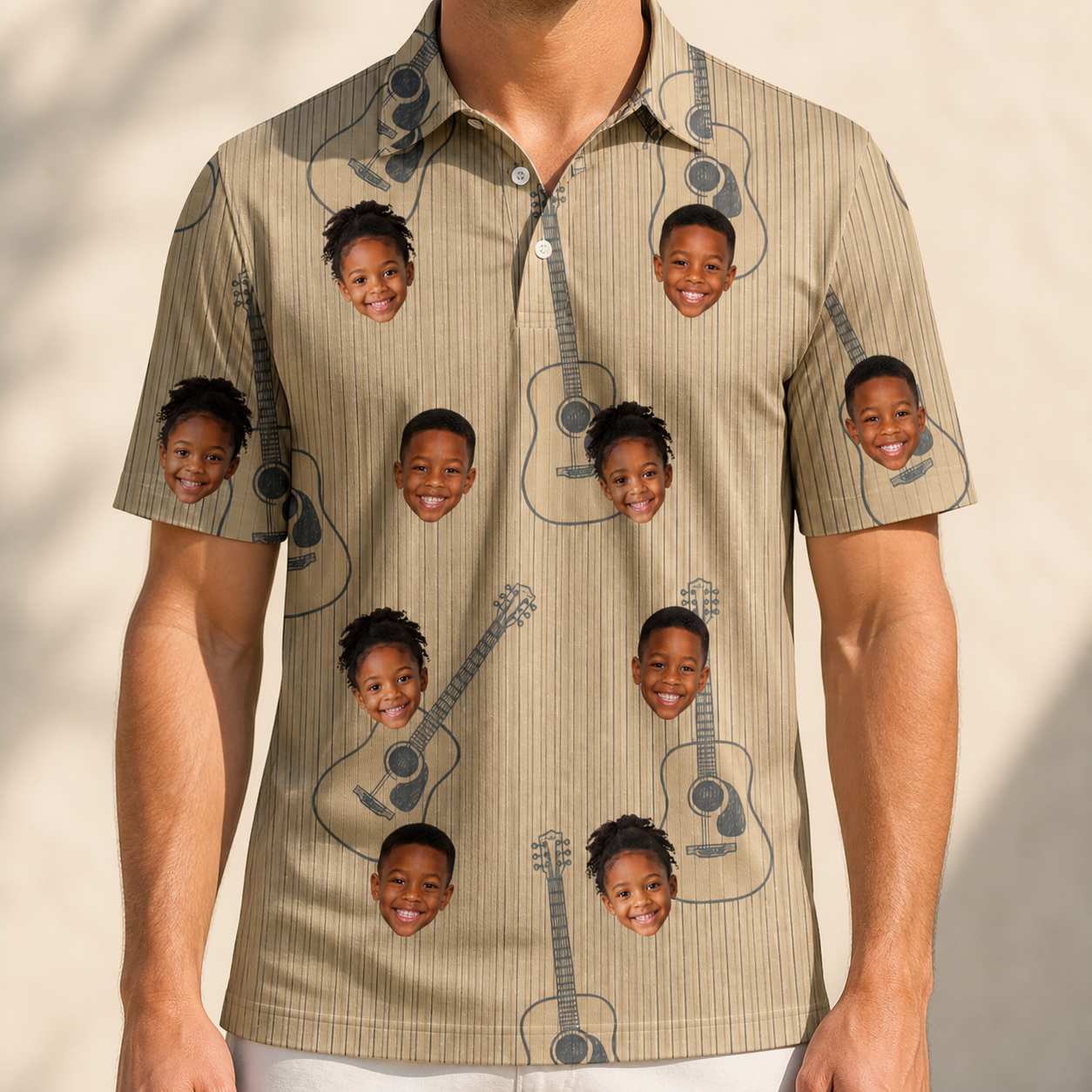 Model wearing Men's Strum Supreme Custom Face Polo Shirt printed with kids' faces