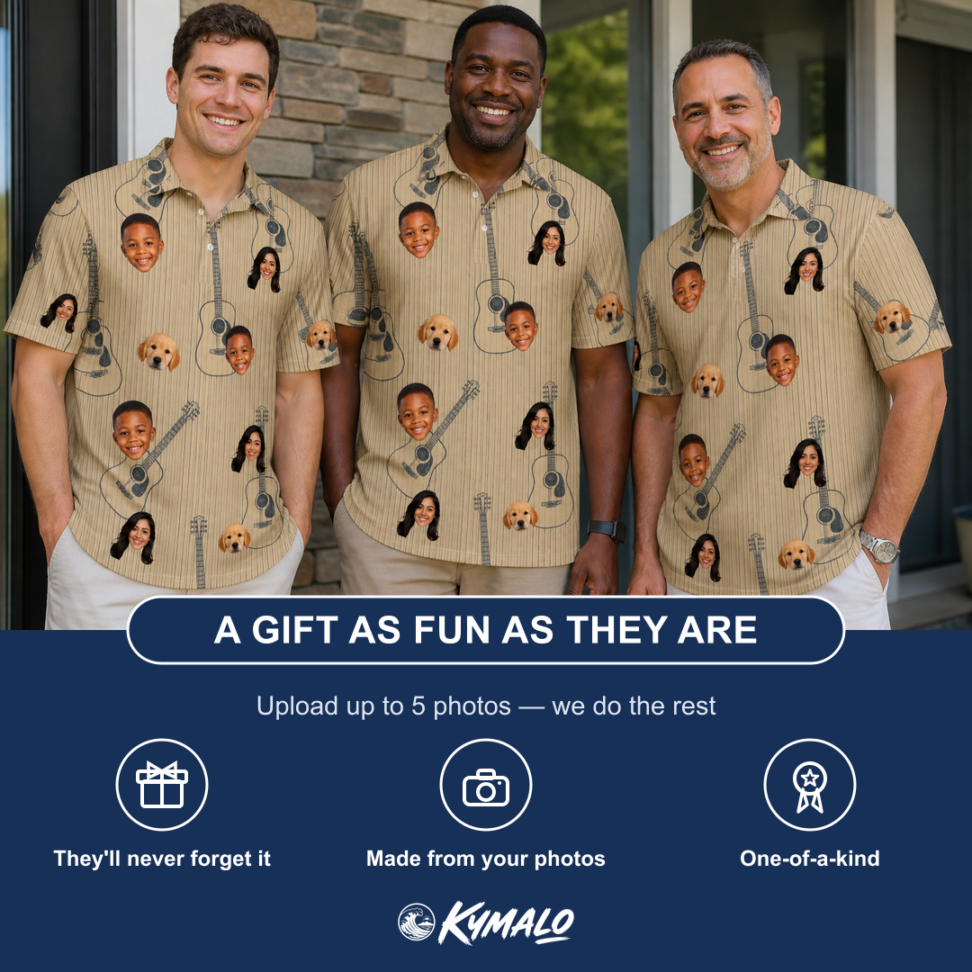 Friends in matching Men's Strum Supreme Custom Face Polo Shirt — a group gift photo