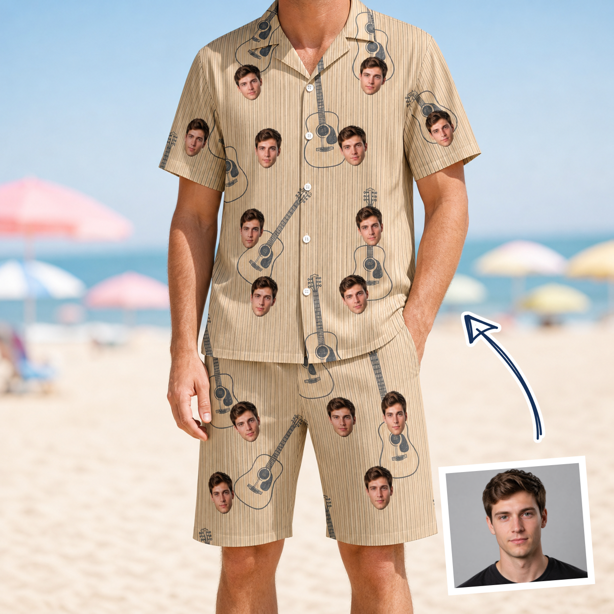 Man wearing Men's Strum Supreme Custom Face Shirt & Shorts Set — custom faces printed all-over