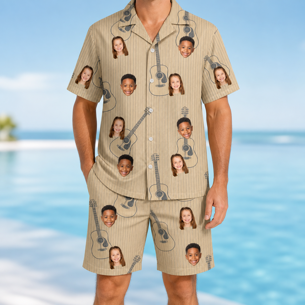 Model wearing Men's Strum Supreme Custom Face Shirt & Shorts Set printed with kids' faces