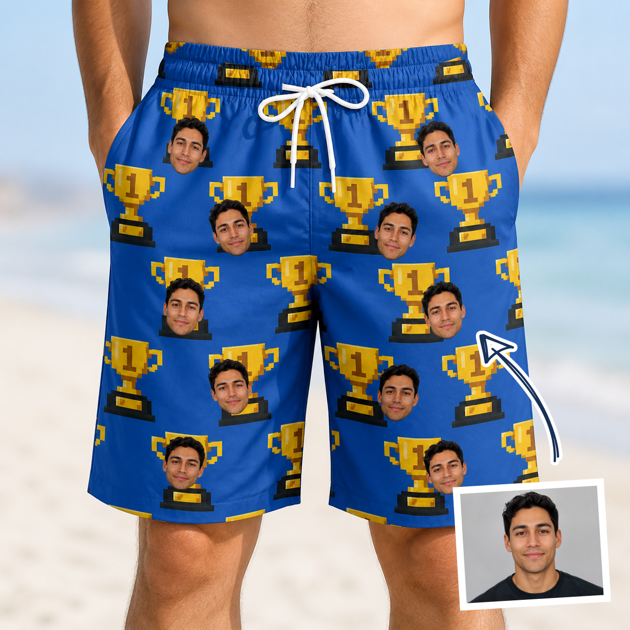 Man wearing Men's Number One Custom Face Beach Shorts — custom faces printed all-over