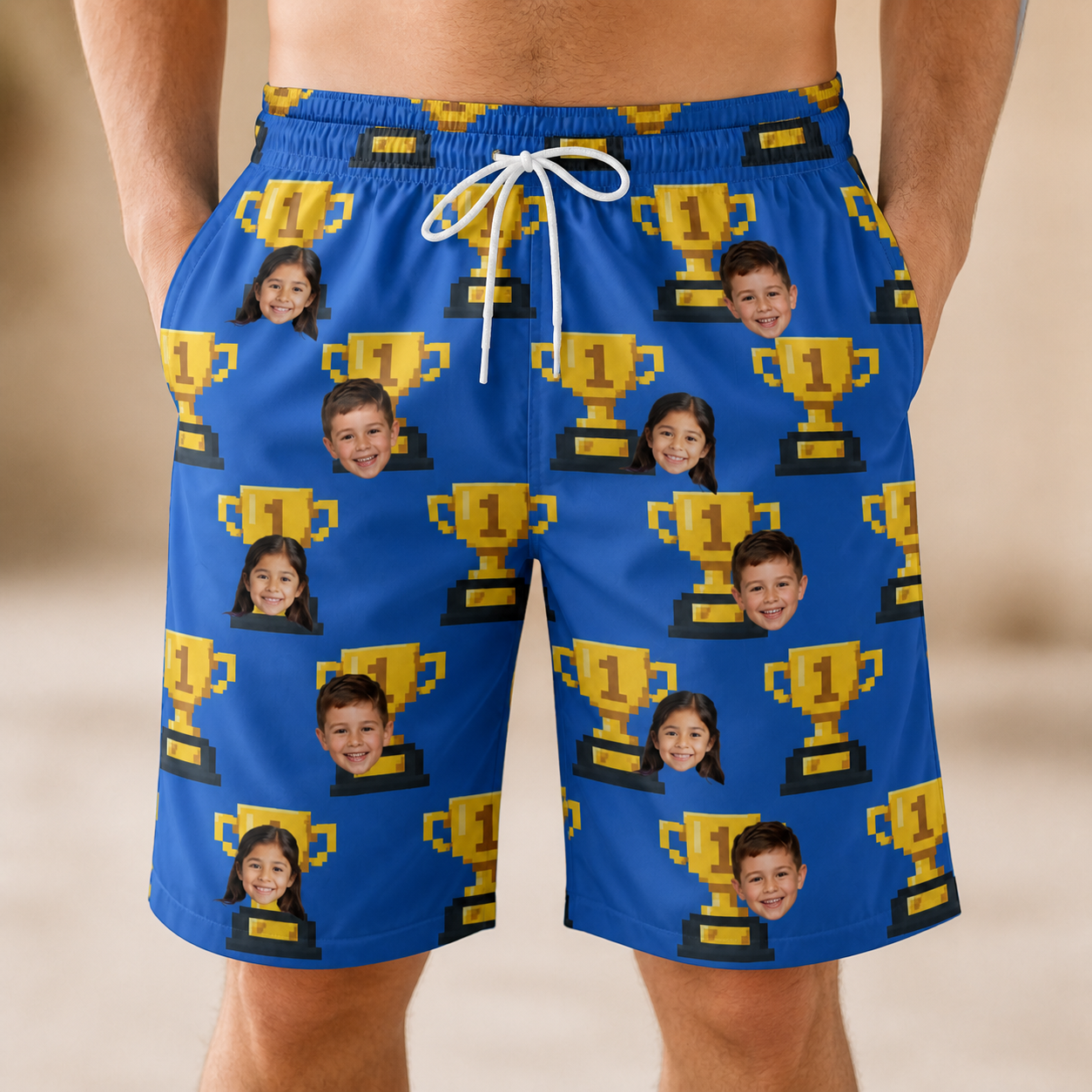 Model wearing Men's Number One Custom Face Beach Shorts printed with kids' faces