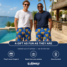 Friends in matching Men's Number One Custom Face Beach Shorts — a group gift photo