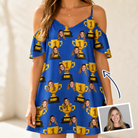 Woman wearing Women's Number One Custom Face Off-Shoulder Dress — custom faces printed all-over