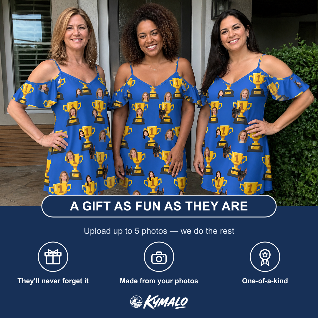 Friends in matching Women's Number One Custom Face Off-Shoulder Dress — a group gift photo
