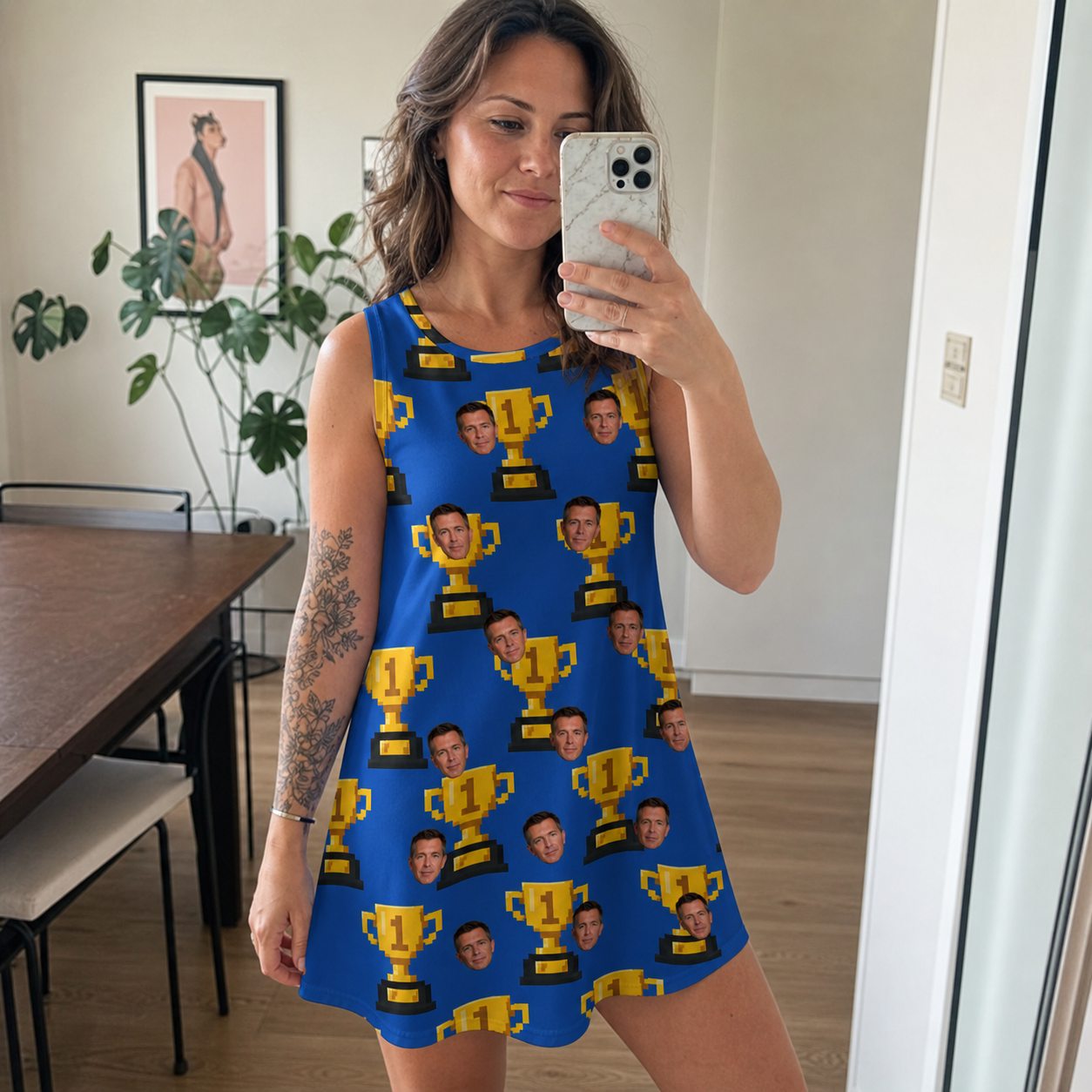 Real-life photo of someone wearing Women's Number One Custom Face Tank Dress — custom faces printed all-over