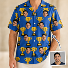 Man wearing Men's Number One Custom Face Hawaiian Shirt — custom faces printed all-over