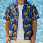 Man wearing Men's Number One Custom Face Hawaiian Shirt open over a white tee