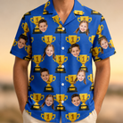 Model wearing Men's Number One Custom Face Hawaiian Shirt printed with kids' faces