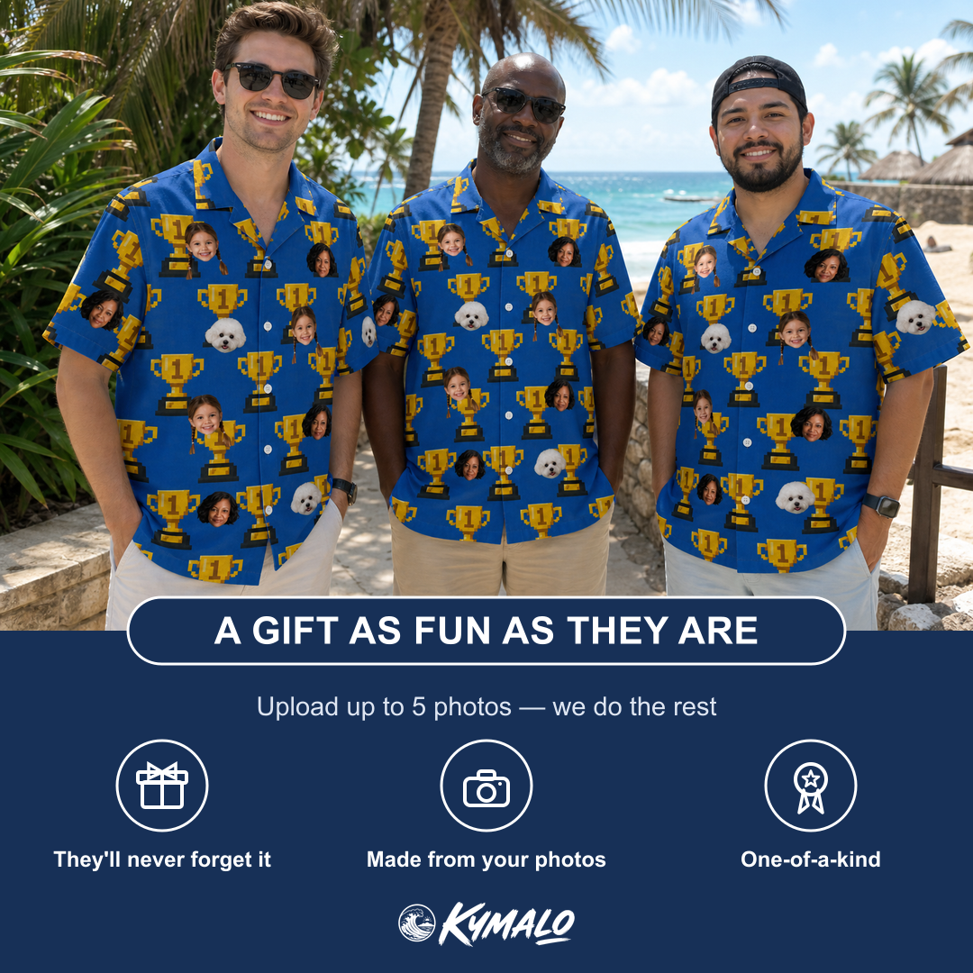 Friends in matching Men's Number One Custom Face Hawaiian Shirt — a group gift photo