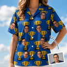 Woman wearing Funny Number One Dad Trophies Custom Face Hawaiian Shirt for Women — custom faces printed all-over