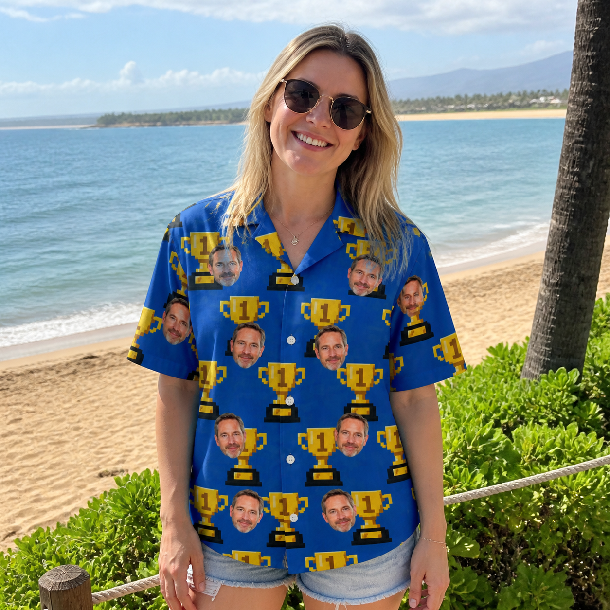 Real-life photo of someone wearing Funny Number One Dad Trophies Custom Face Hawaiian Shirt for Women — custom faces printed all-over