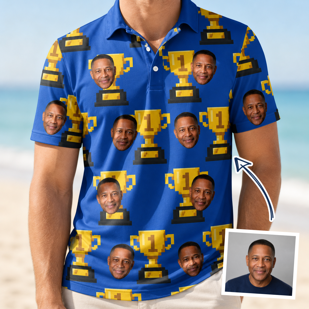Man wearing Men's Number One Custom Face Polo Shirt — custom faces printed all-over