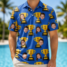 Model wearing Men's Number One Custom Face Polo Shirt printed with kids' faces