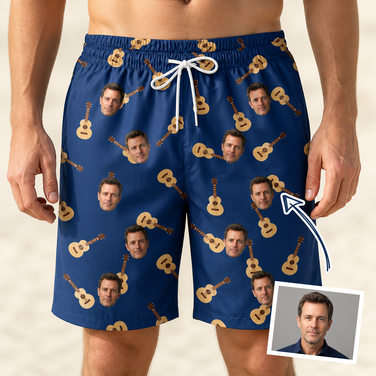 Man wearing Funny Acoustic Guitars Custom Face Beach Shorts for Men — custom faces printed all-over
