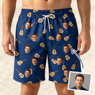 Man wearing Funny Acoustic Guitars Custom Face Beach Shorts for Men — custom faces printed all-over