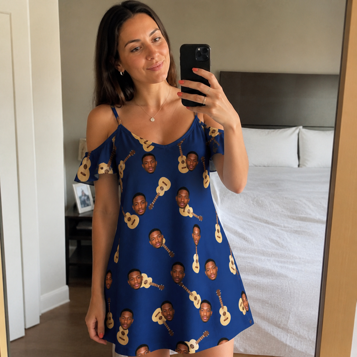 Real-life photo of someone wearing Women's Father Fretwork Custom Face Off-Shoulder Dress — custom faces printed all-over