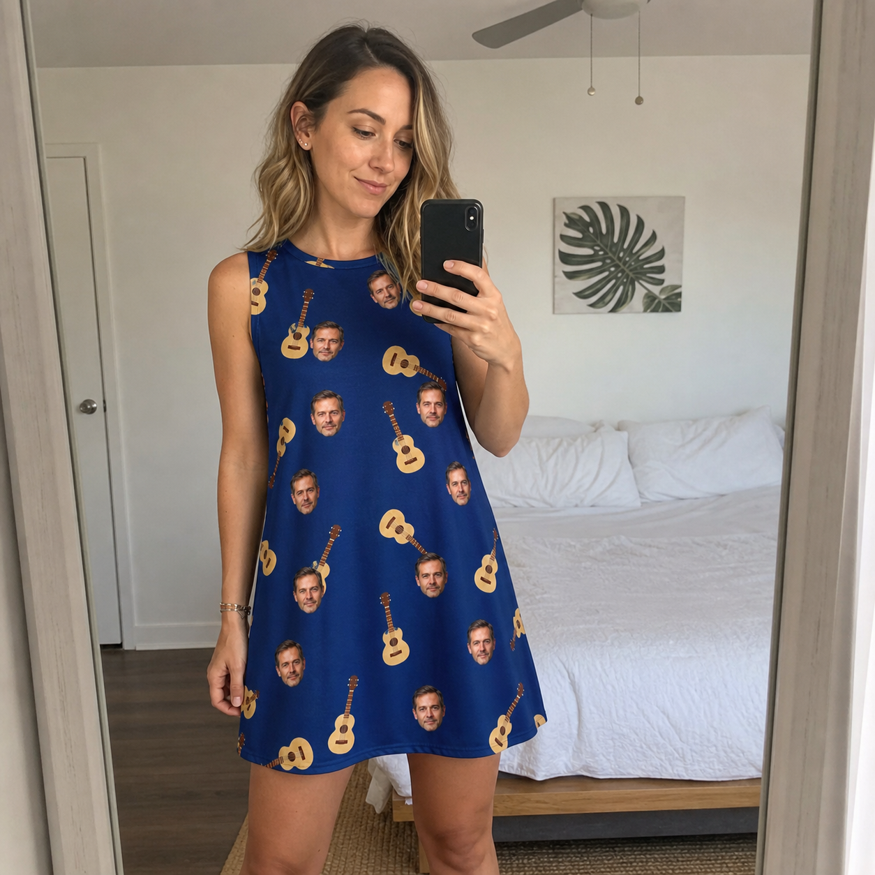Real-life photo of someone wearing Women's Father Fretwork Custom Face Tank Dress — custom faces printed all-over