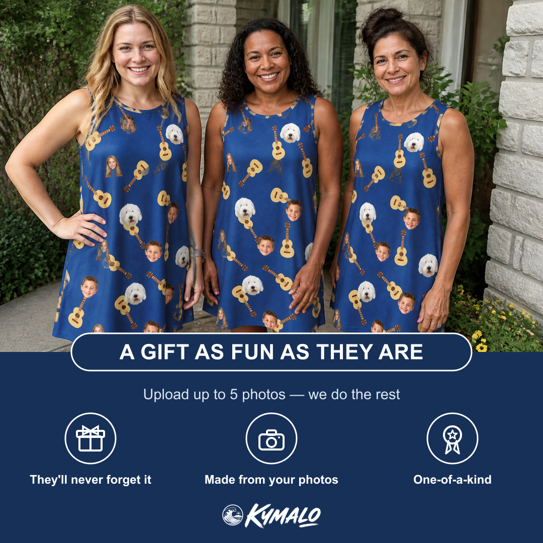 Friends in matching Women's Father Fretwork Custom Face Tank Dress — a group gift photo