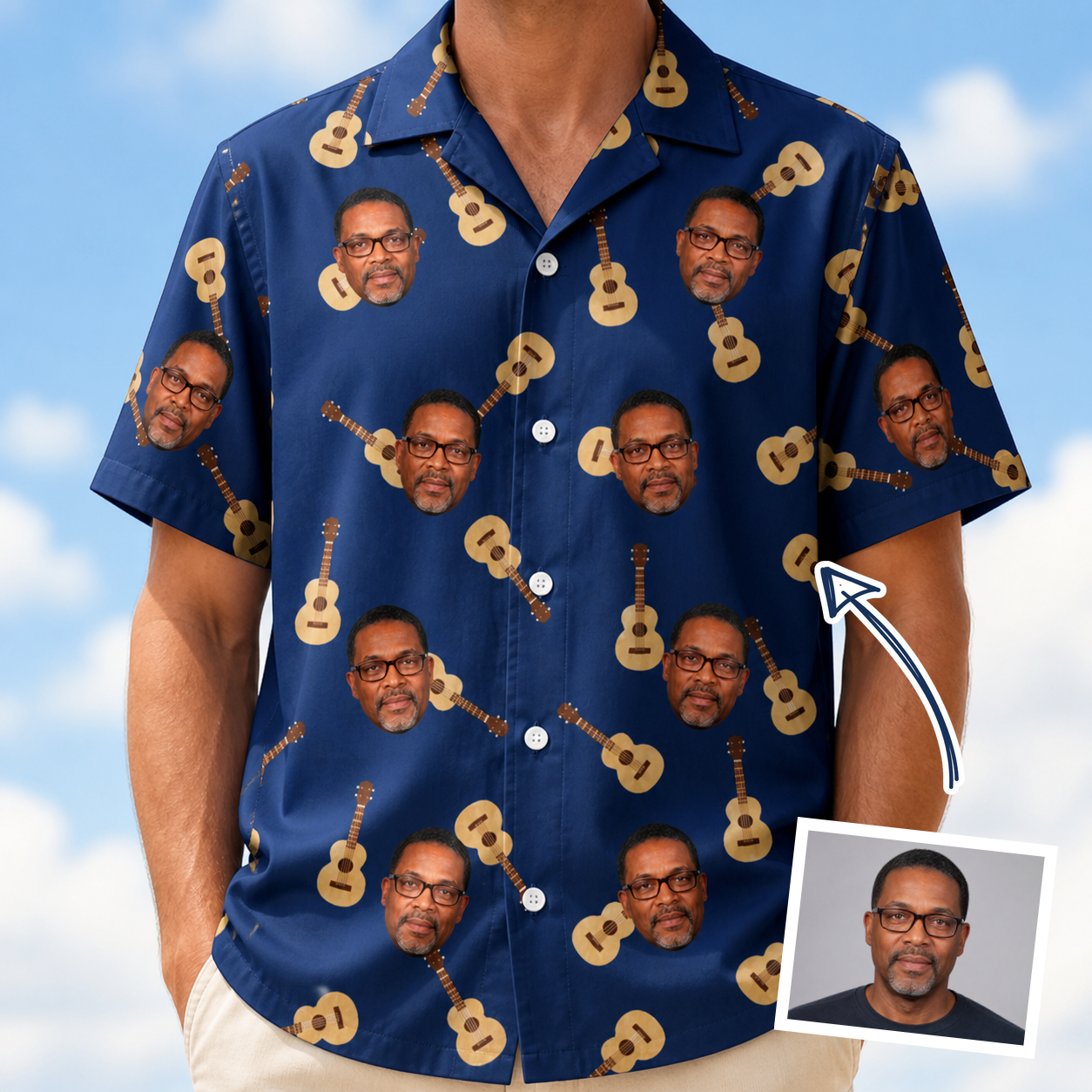 Man wearing Men's Father Fretwork Custom Face Hawaiian Shirt — custom faces printed all-over