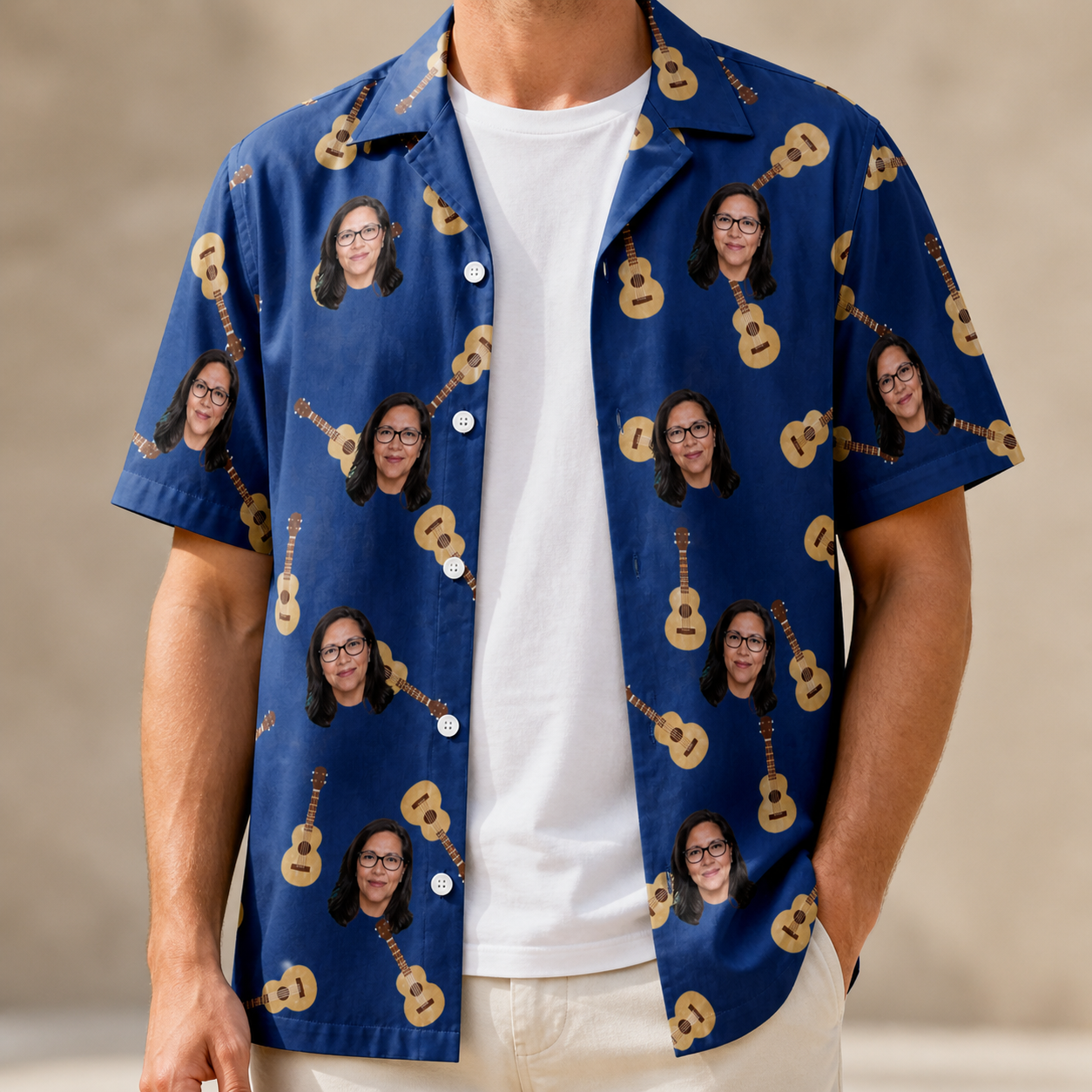 Man wearing Men's Father Fretwork Custom Face Hawaiian Shirt open over a white tee