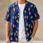 Man wearing Men's Father Fretwork Custom Face Hawaiian Shirt open over a white tee
