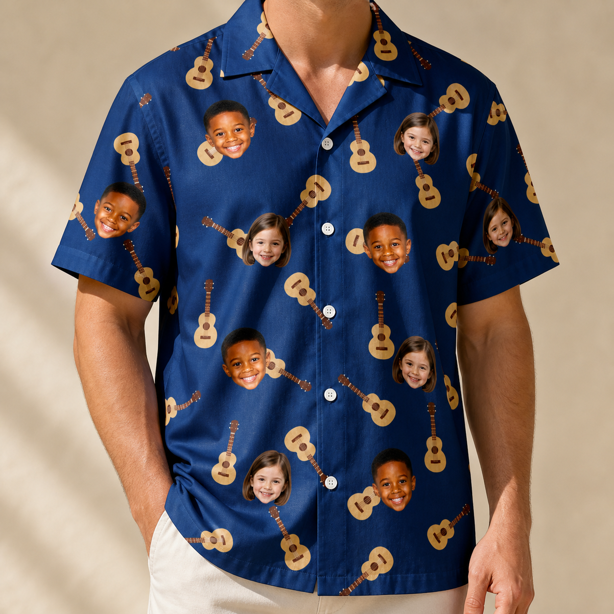 Model wearing Men's Father Fretwork Custom Face Hawaiian Shirt printed with kids' faces