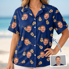 Woman wearing Women's Father Fretwork Custom Face Hawaiian Shirt — custom faces printed all-over