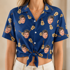 Woman wearing Women's Father Fretwork Custom Face Hawaiian Shirt tied at the waist